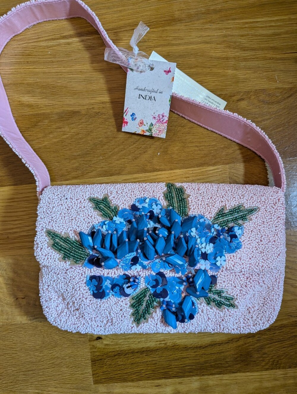 Viral Made In India Beaded Pink Bag with Blue Floral Embellishment